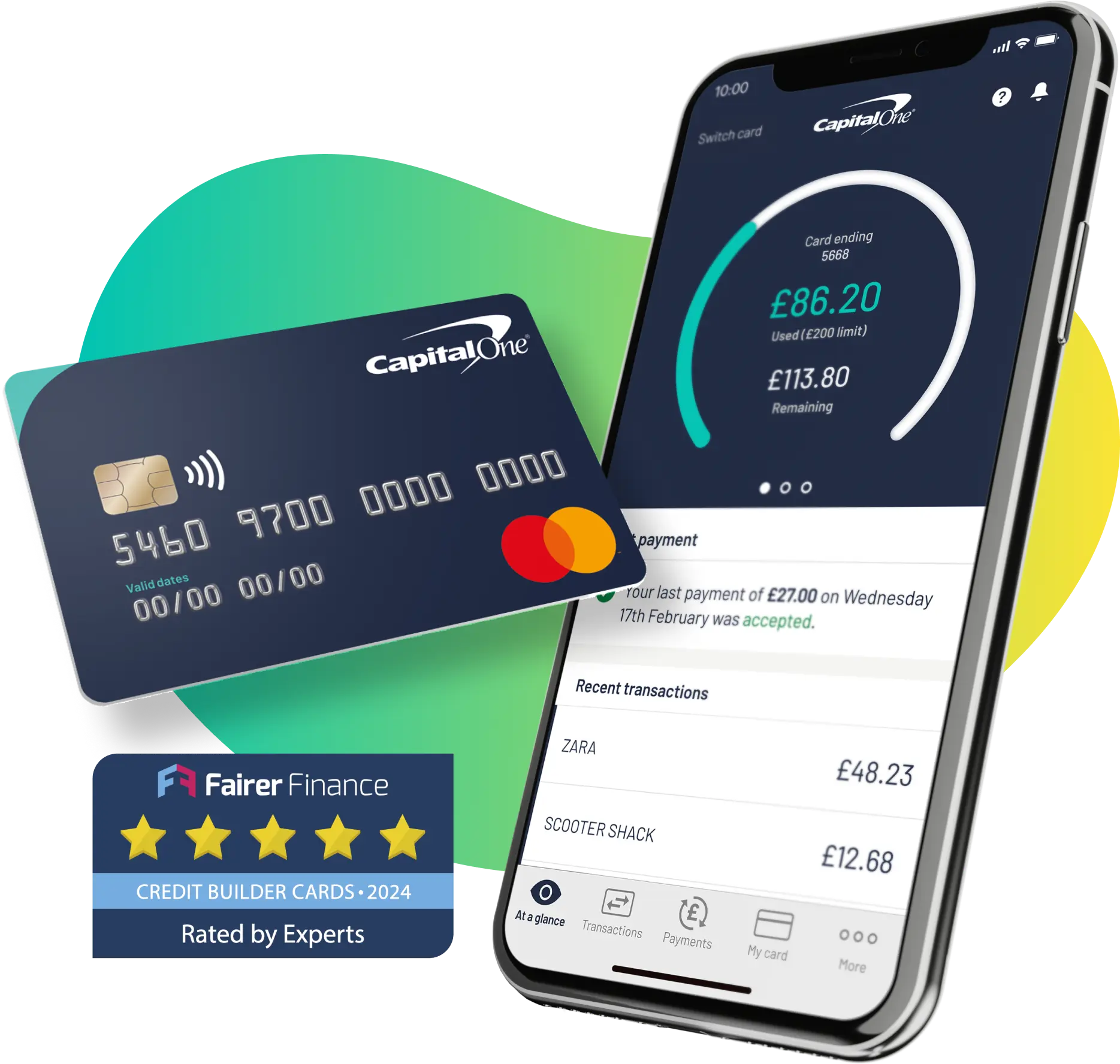 Phone and card imag with Fairer Finance award logo - Credit Builder Cards 2024, Rated by Experts